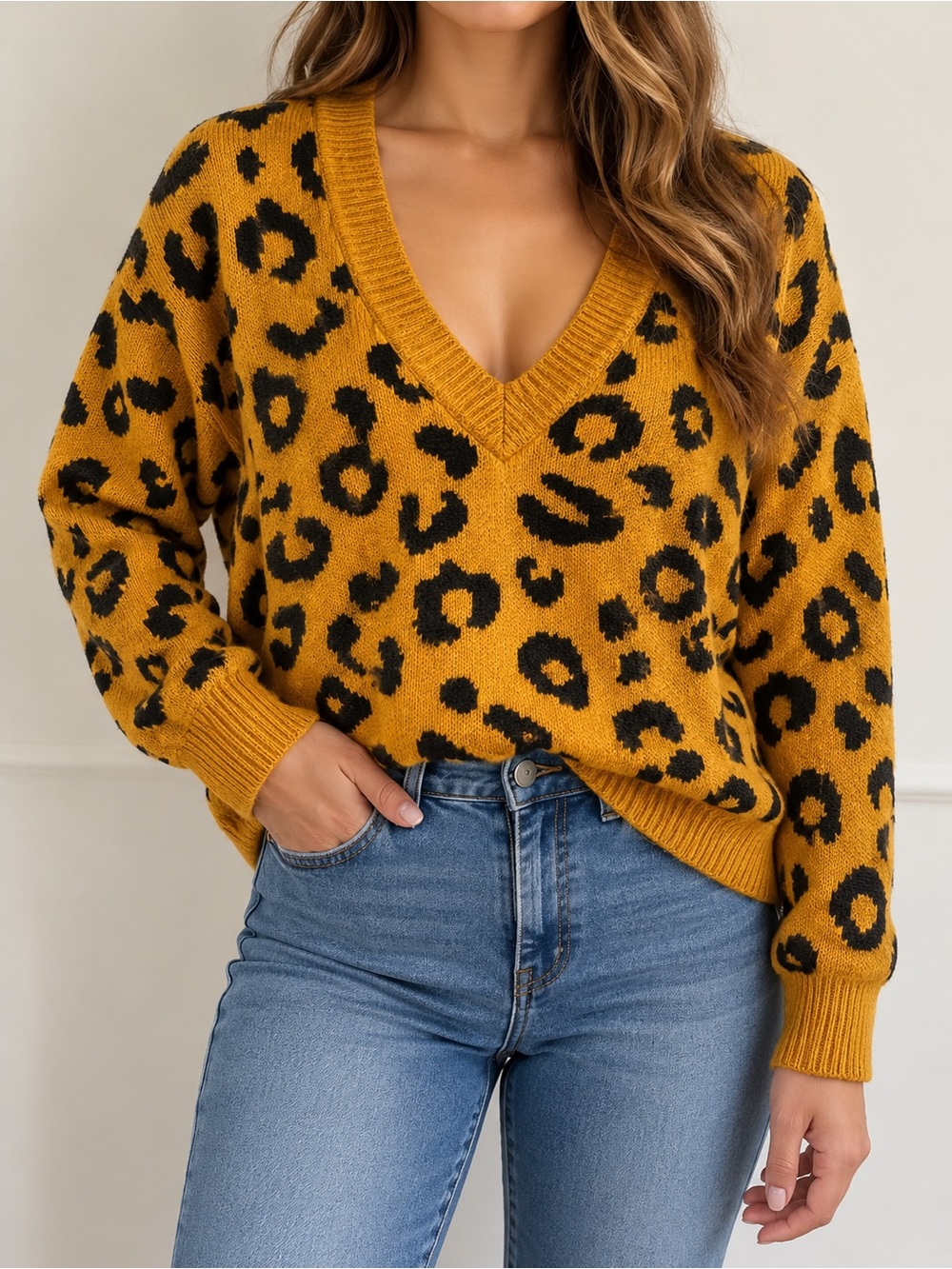 Forever 21 Mustard and Black Leopard V-Neck Sweater